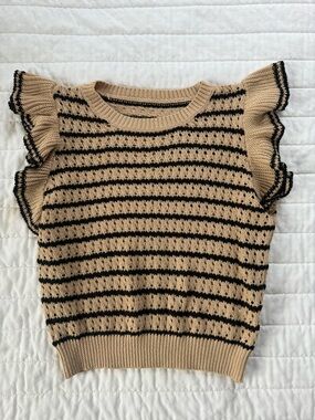 Striped Ruffle Sleeve Knit Top - Beige & Black